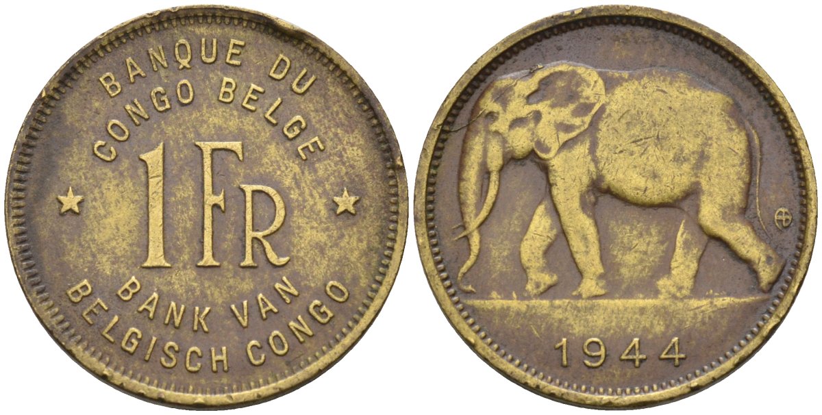 Бельгийское Конго 1 франк 1944 слон, Леопольд III KM 26 латунь 4396-617