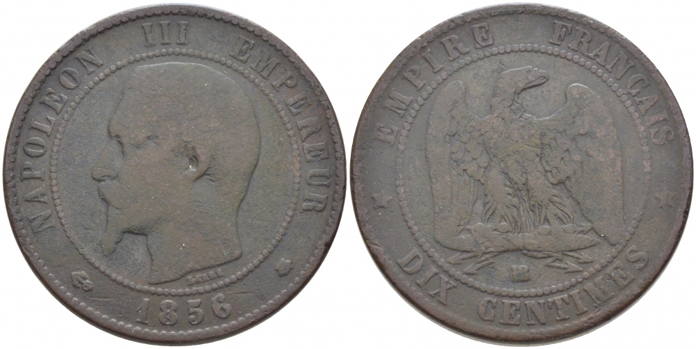 ФРАНЦИЯ 10 САНТИМОВ 1856 BB, НАПОЛЕОН III (1852-1870) KM 771.3, LA FRANC 133.34 бронза 114-1231