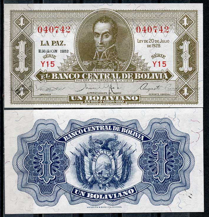 Боливия 1 боливиано 1928 (1952) серия Y15, Симон Боливар, W&S Pick 128 c (2)  бумага  aUNC 447-70-4-1