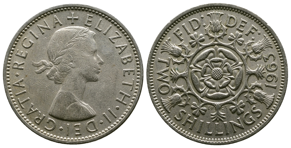 Великобритания 2 шиллинга (флорин) 1963 Елизавета II (1952-2022) KM 906, Spink 4146 медно-никель 4382-424
