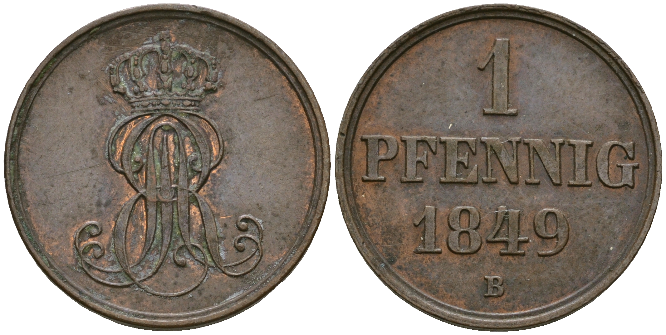 Ганновер 1 пфенниг 1849 B, Эрнст Август (1837-1851) KM 201.1, AKS 129, J. 74 медь 4608-1038