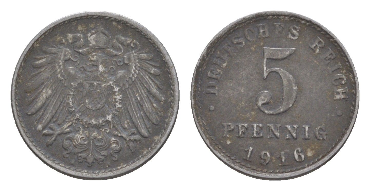 Германия 5 пфеннигов 1916 A, Вильгельм II (1888-1918) KM 19, J. 297 железо плакированное цинком 4644-1114