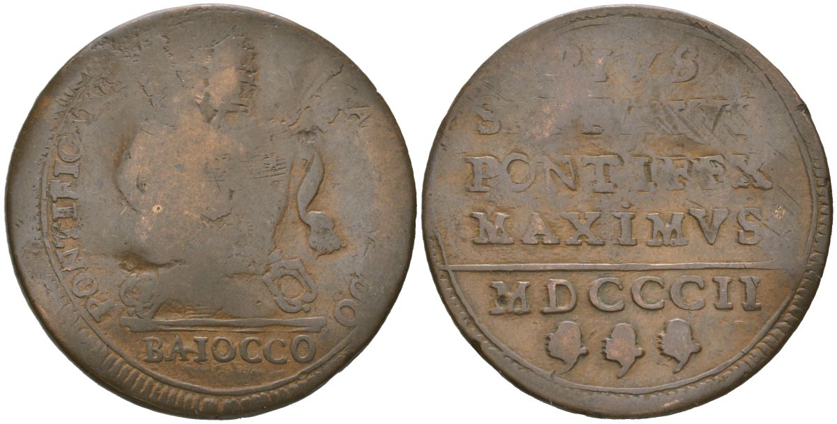 Папская область 1 байокко 1802 Пий VII (1800-1823) KM 1267 медь 221-911