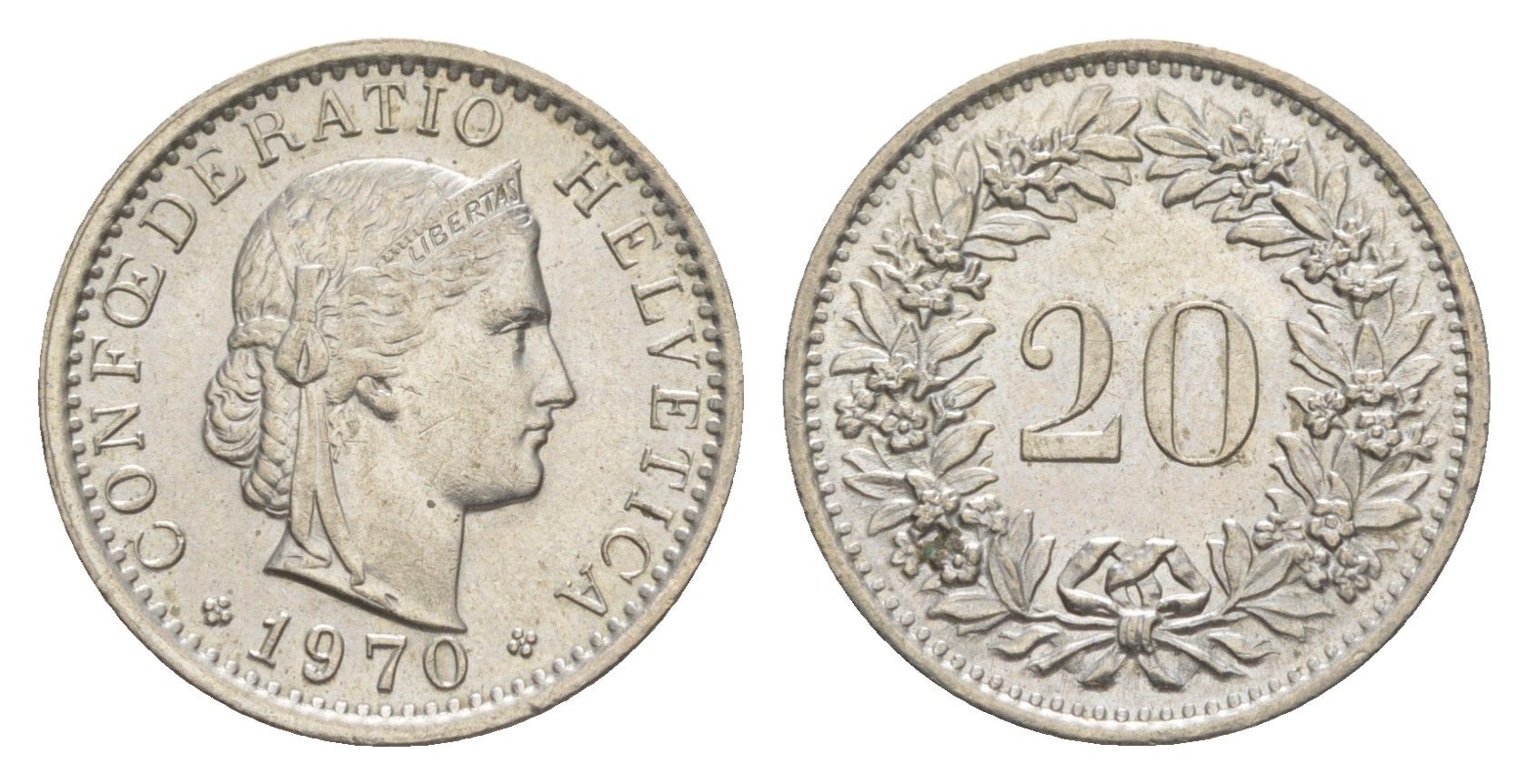 Швейцария 20 раппенов 1970 KM 29a медно-никель 4625-1166