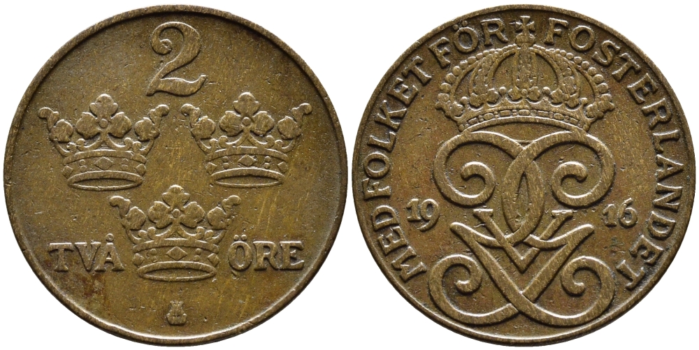 Швеция 2 эре 1916 Густав V (1907-1950), длинная 6 KM 778 бронза 80-451