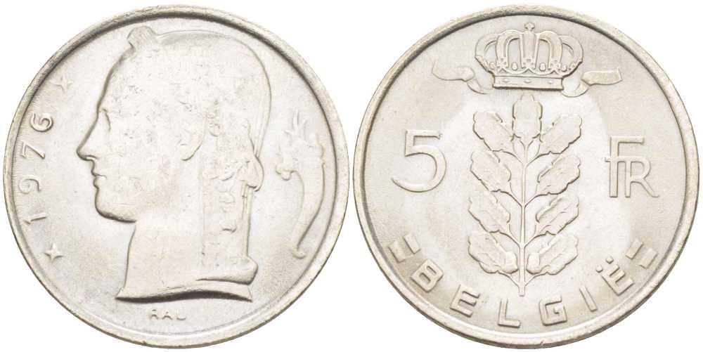 БЕЛЬГИЯ 5 ФРАНКОВ 1976 BELGIE, БОДУЭН I (1951-1993) KM 135.1 медно-никель 202-1223