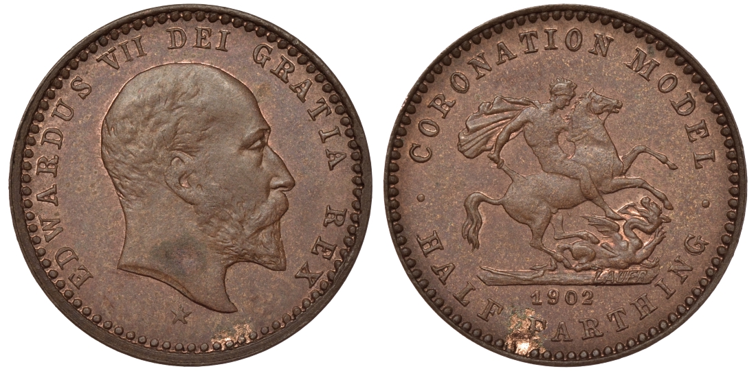 Великобритания 1/2 фартинга 1902 Эдуард VII (1901-1902), модель для коронации Эдуард VII 9 августа 1902. Автор аверса монет Великобритании и ее колоний при королеве Виктории и Эдуарде VII бронза 1524-512