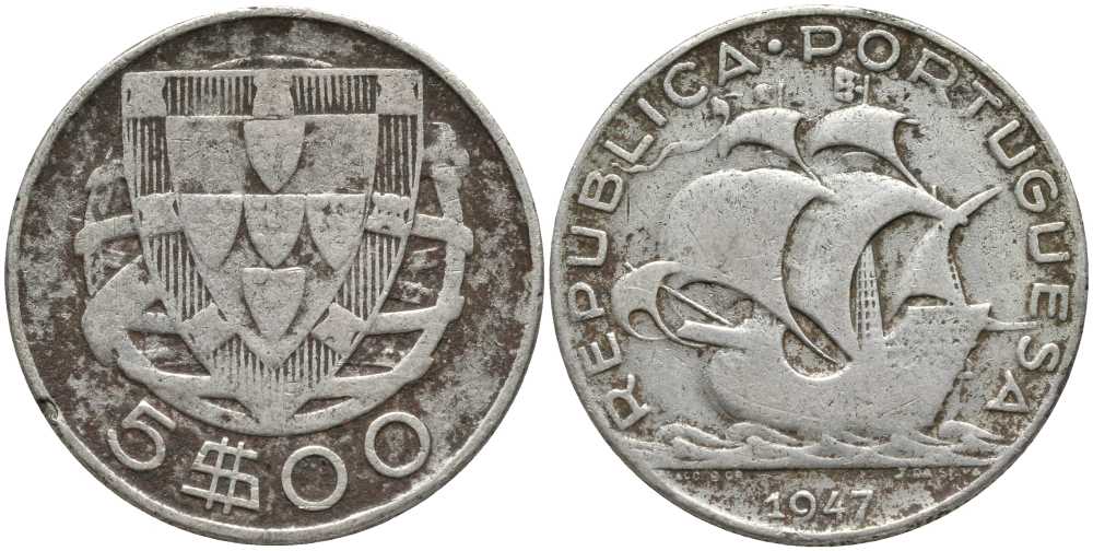 Португалия 5 эскудо 1947 КМ 581 серебро 202-426