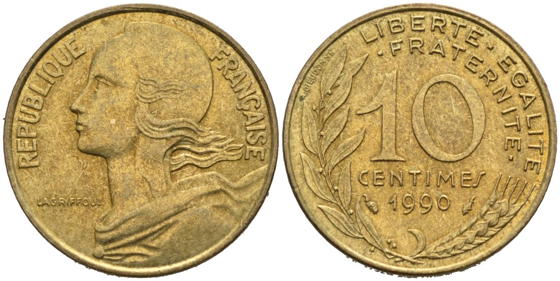ФРАНЦИЯ 10 САНТИМОВ 1990 ТИП MORLON КМ 929, LE FRANC 144.30 медь алюминий никель 4564-1258