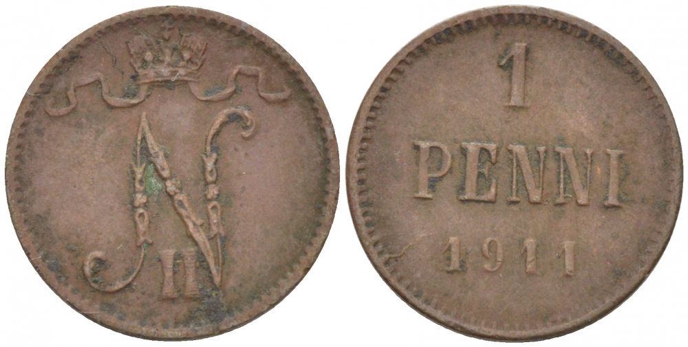 Россия для Финляндии 1 пенни 1911 Николай II (1894-1917) KM 13, Биткин 471 медь 4396-1351