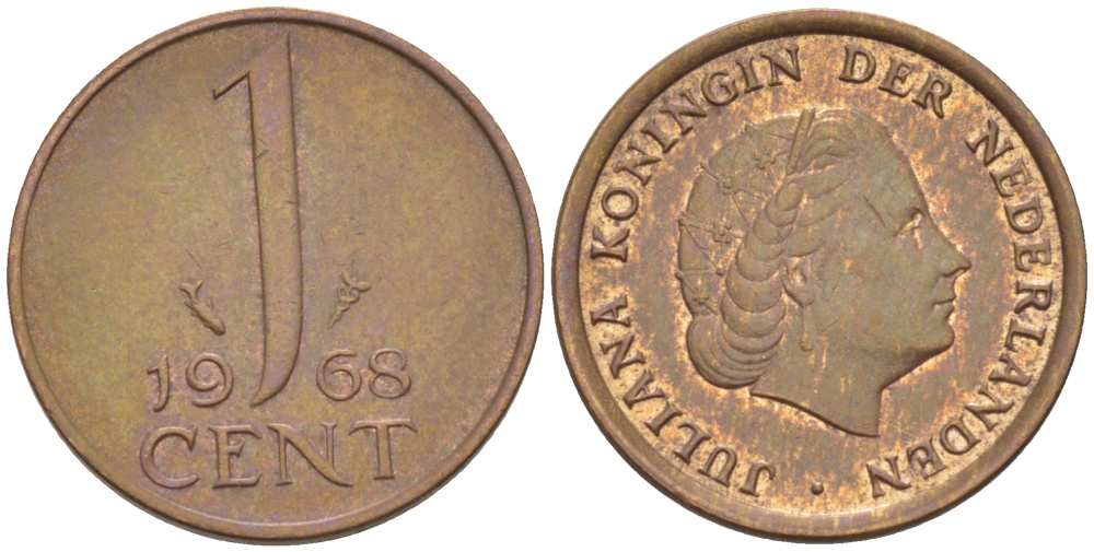 НИДЕРЛАНДЫ 1 ЦЕНТ 1968 КОРОЛЕВА ЮЛИАНА KM 180 бронза 3955-132