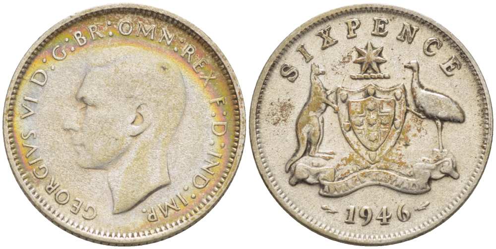 АВСТРАЛИЯ 6 ПЕНСОВ 1946 m, ГЕОРГ VI (1937-1952), ГЕРБ АВСТРАЛИИ, ПРОБА 500, ДИАМЕТР 19,4 ММ. KM 38а серебро 4516-121