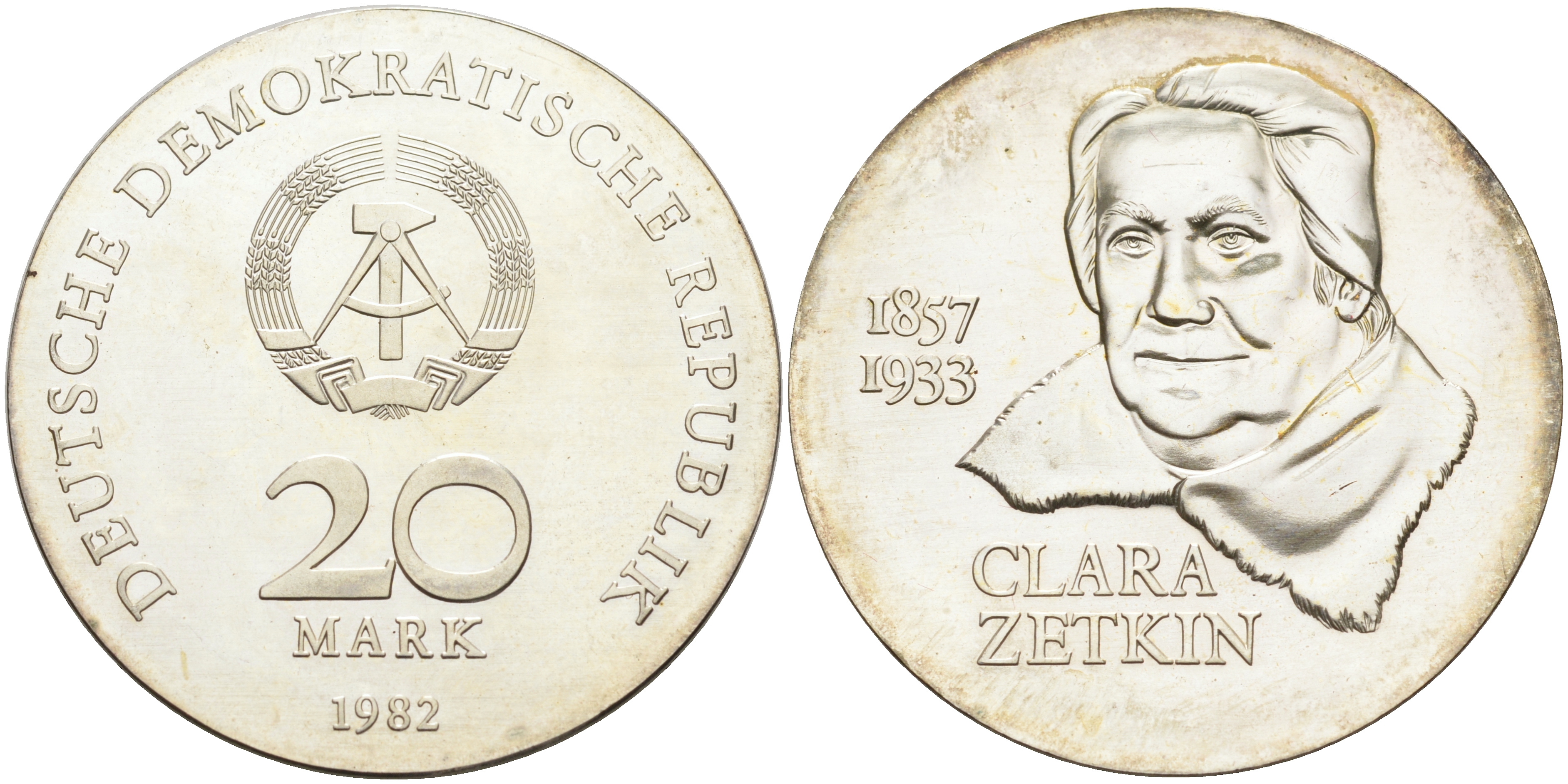 ГДР 20 марок 1982 А, 125 лет со дня рождения Клары Цеткин KM 88 серебро UNC 00-000-00