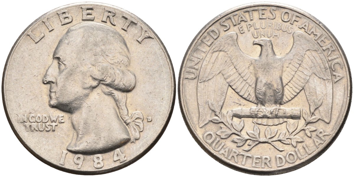 США 25 центов (квотер) 1984 D, Вашингтон KM A164a медь плакированная медно-никелем 4584-1214