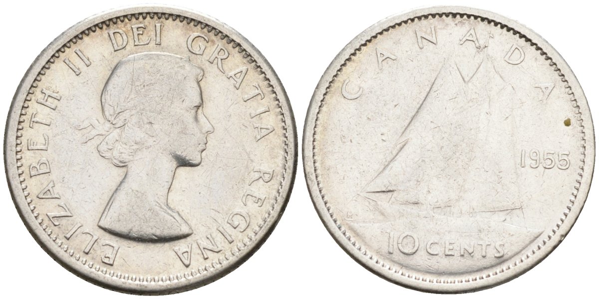 Канада 10 центов 1955 Елизавета II (1952-2022), парусник KM 51 серебро     4580-347