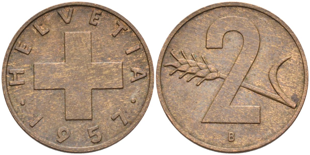 Швейцария 2 раппена 1957 В KM 47 бронза 4591-1136