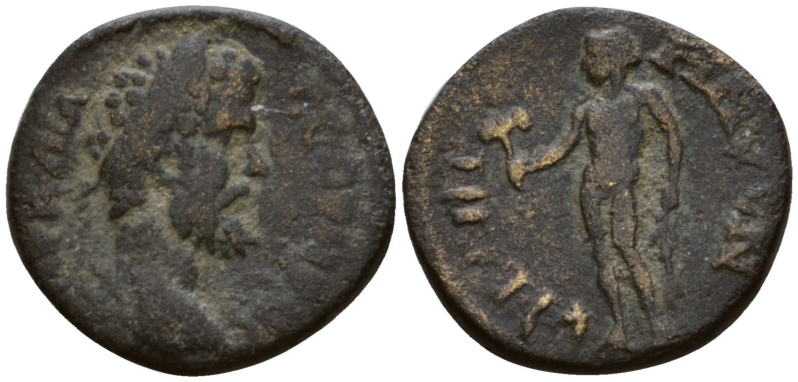 Римская Империя, Провинция Азия, Лидия, Фиатира AE 193 - 211 Септимий Север, бюст императора / Аполлон с оливковой ветвью и лабрисом (Very rare!) бронза 1100-8-27