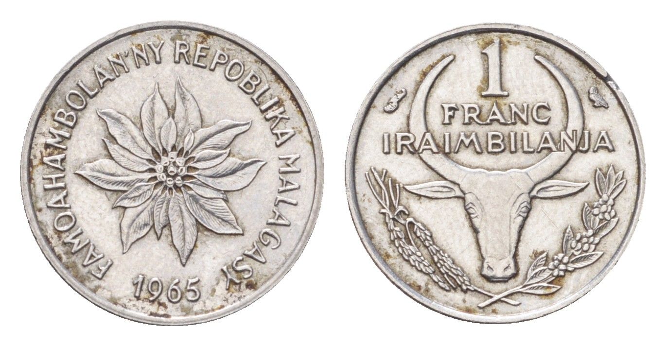 Мадагаскар 1 франк 1965 KM 8 нержавеющая сталь 4705-462