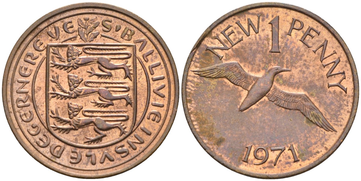 Гернси 1 пенни 1971 Елизавета II (1952-2022), северная олуша в полете KM 211 бронза UNC 4582-221