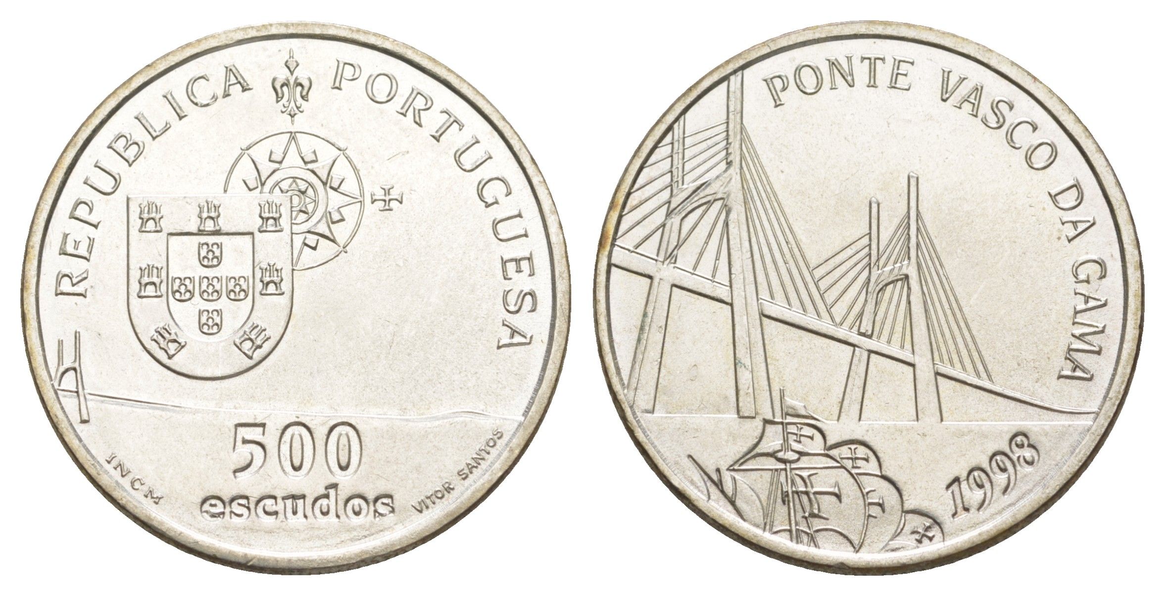 Португалия 500 эскудо 1998 Открытие моста Васко да Гама KM 705 серебро BU 32-823