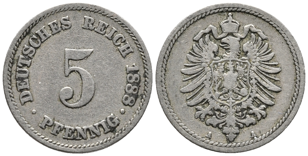 ГЕРМАНИЯ 5 ПФЕННИГОВ 1888 A, СТАРОГЕРБОВКА KM 3, J. 3 медно-никель 39-417