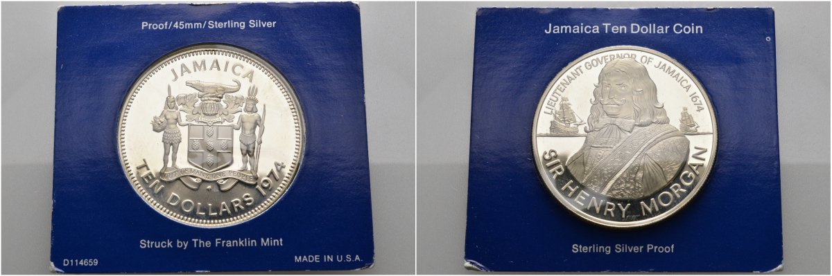 Ямайка 10 долларов 1974 губернатор Ямайки сэр Генри Морган, запайка, в оригинальной коробке, сертификат KM 63а серебро PROOF 3-4-7-12