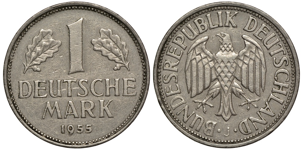 ФРГ 1 марка 1955 J KM 110, J. 385 медно-никель 603-1311