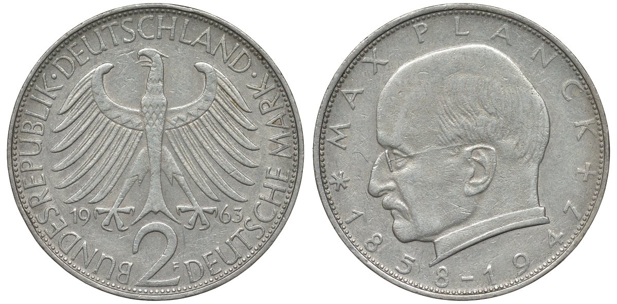 ФРГ 2 марки 1963 F, Макс Планк KM 116, J. 392 медно-никель плакированный никелем 72-324