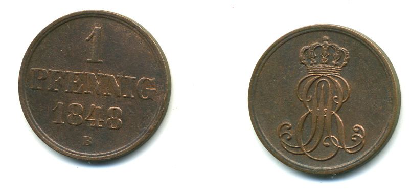 Ганновер 1 пфенниг 1848 B, Эрнст Август (1837-1851) KM 201.1, AKS 129, J. 74 медь 36-1124