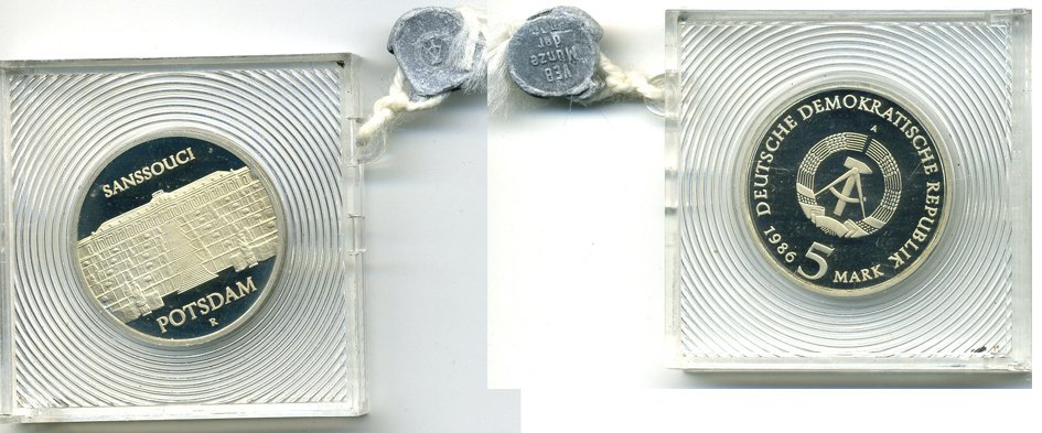 ГДР 5 марок 1986 A, Потсдам, дворец Сан-Суси, тираж 4200 экз., в оригинальной упаковке KM 110 медно-никель PROOF 5-3-1-07
