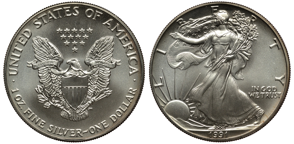 США 1 доллар 1991 шагающая свобода KM 273 серебро UNC 02-112-44