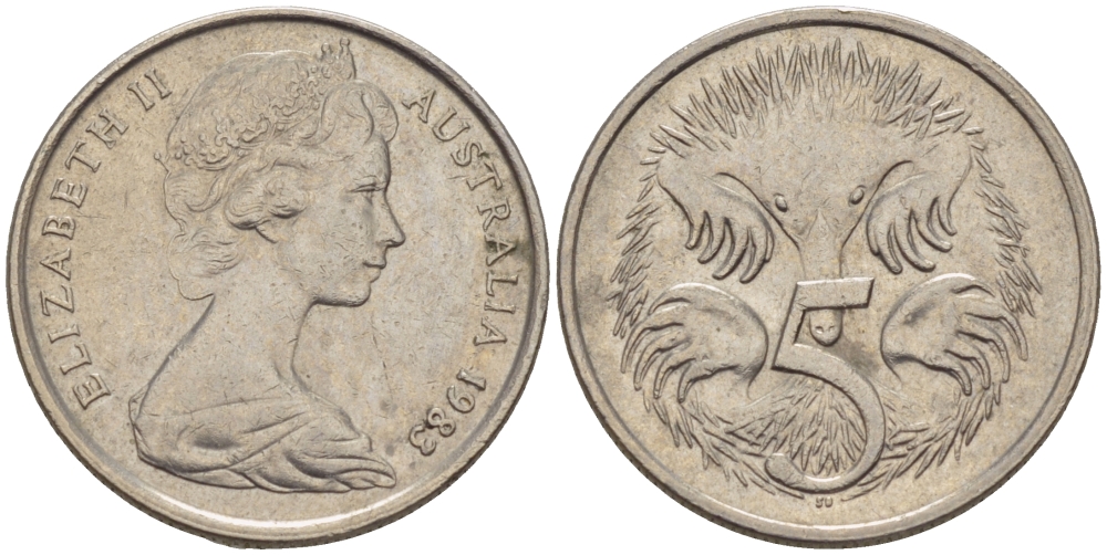 АВСТРАЛИЯ 5 ЦЕНТОВ 1983 ЕЛИЗАВЕТА II, МОЛОДОЙ ПОРТРЕТ, ЕХИДНА KM 64 медно-никель 66-364