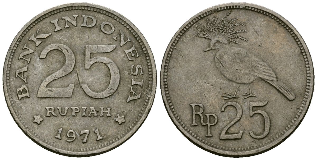 Индонезия 25 рупий 1971 венценосный голубь KM 34 медно-никель 4136-1044