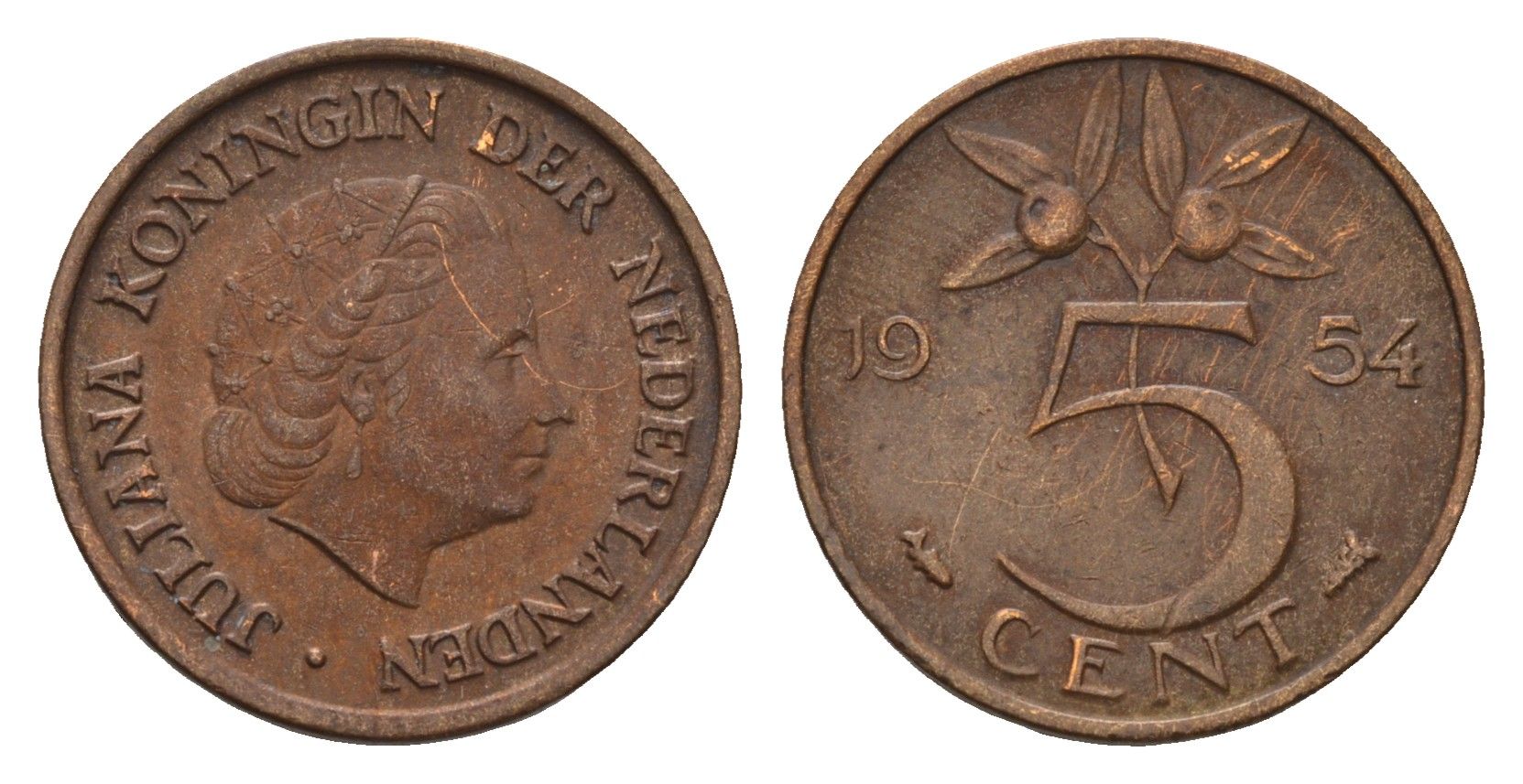 Нидерланды 5 центов 1954 Юлиана (1948-1980) KM 181 бронза 192-1067