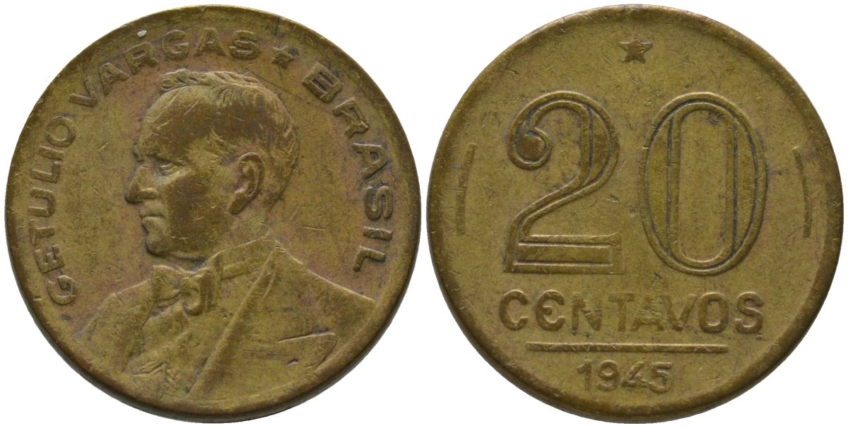 Бразилия 20 сентаво 1945 Жетулиу Варгас KM 556a алюминиевая бронза 4567-832