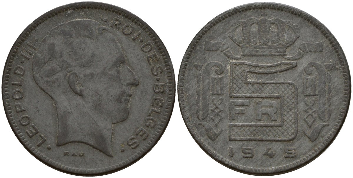 Бельгия 5 франков 1945 DES BELGES, Леопольд III (1934-1947) KM 130 цинк 4161-947