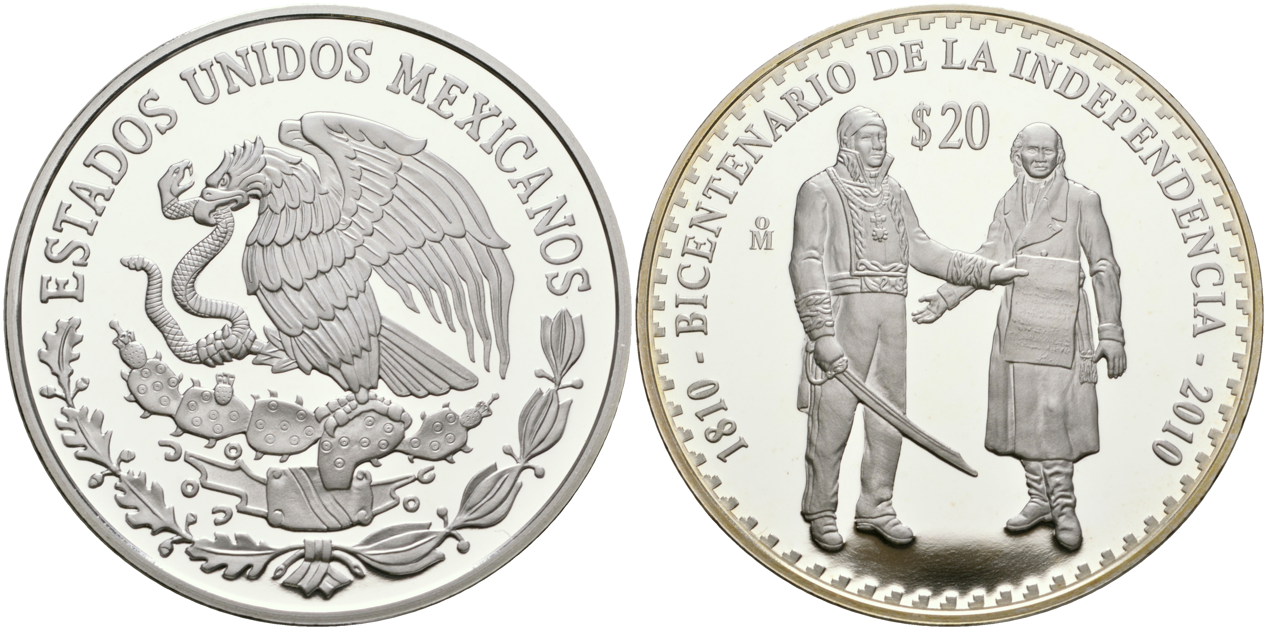 Мексика 20 песо 2010 200 лет независимости Мексики, Идальго и Морелос KM 940 серебро PROOF 11-243-33
