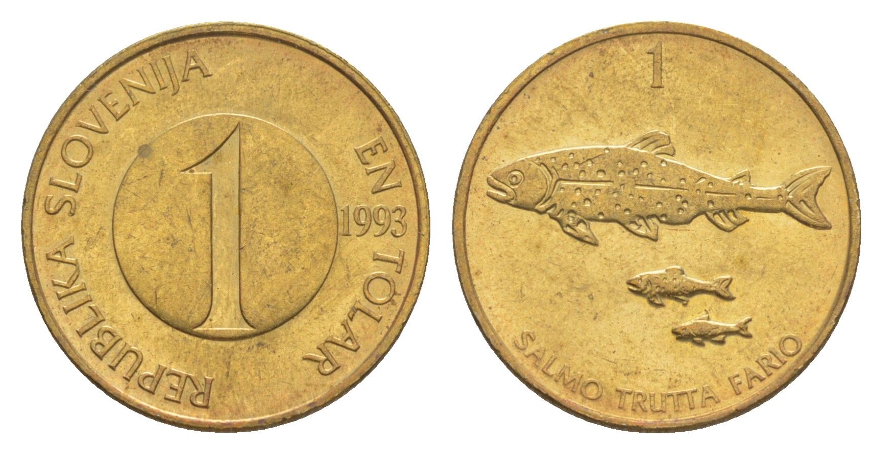 Словения 1 толар 1993 рыбы KM 4 латунь aUNC 3996-1166