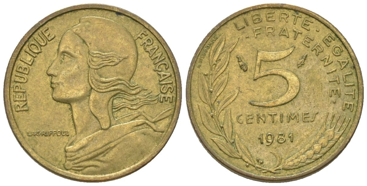 Франция 5 сантимов 1981 KM 933, Le Franc 125/17 медь алюминий никель 4164-1142
