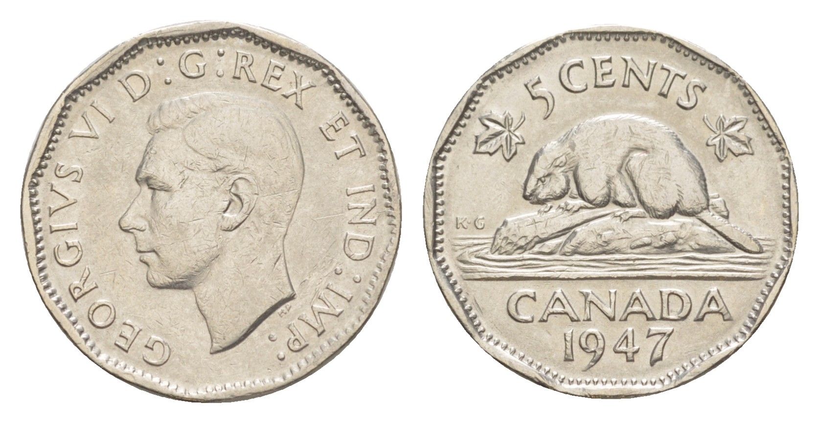 Канада 5 центов 1947 бобр, Георг VI (1937-1952) KM 39a никель 4639-426