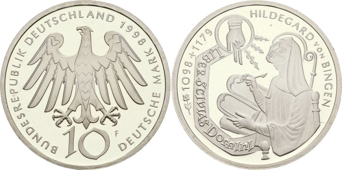ФРГ 10 марок 1998 G, 900 лет со дня рождения Хильдегарда Бингенская KM 189 серебро PROOF 00-000-00