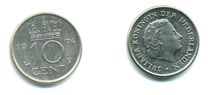 НИДЕРЛАНДЫ 10 ЦЕНТОВ 1974 ЮЛИАНА KM 182 никель 76-349