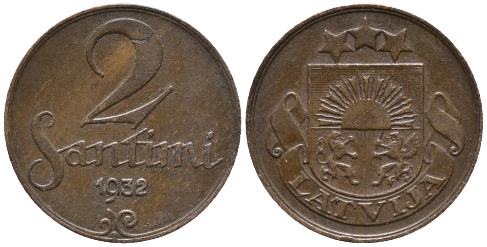 ЛАТВИЯ 2 САНТИМА 1932 ПЕРВАЯ РЕСПУБЛИКА (1918-1939) KM 2 бронза 100-1226