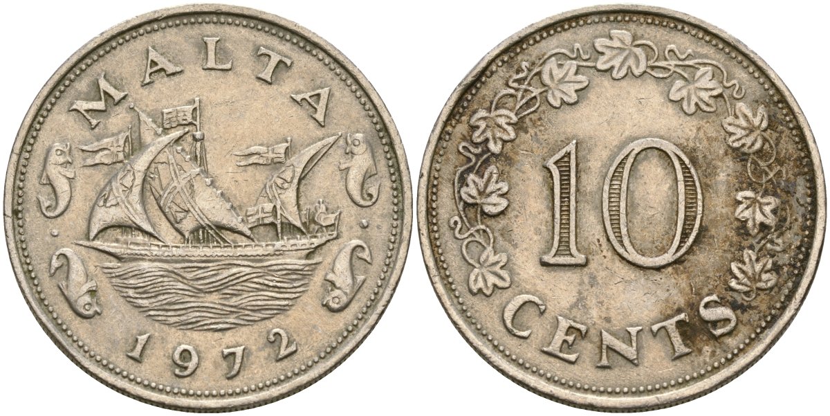 Мальта 10 центов 1972 баржа Великого магистра KM 11 медно-никель 4137-816