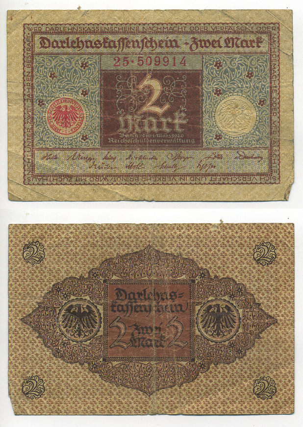 ГЕРМАНИЯ 2 МАРКИ 1920 1 МАРТА 1920, ВЕЙМАРСКАЯ РЕСПУБЛИКА, КОРИЧНЕВАЯ, СЕРИЯ 25 Pick 60, Rosenberg 65a бумага 6280-65-1