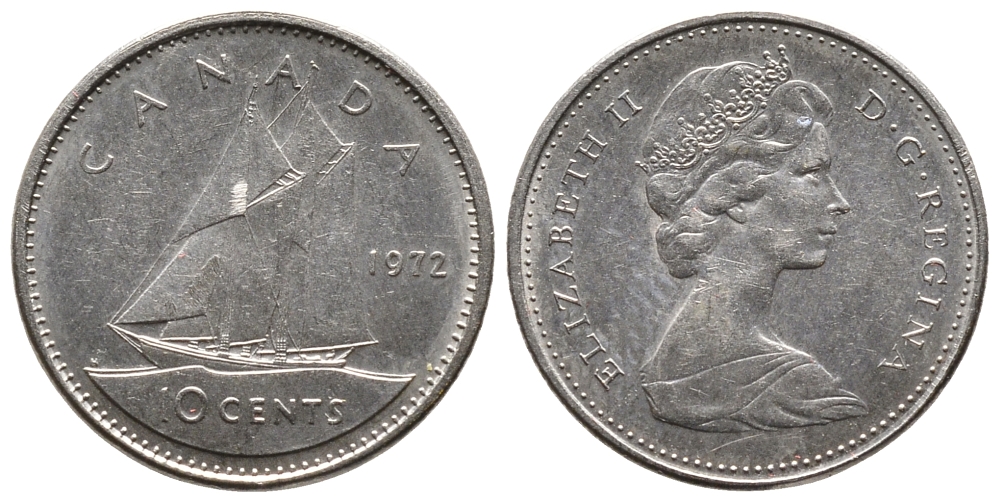 КАНАДА 10 ЦЕНТОВ 1972 ПАРУСНИК, ЕЛИЗАВЕТА II KM 77.1 никель 73-1717