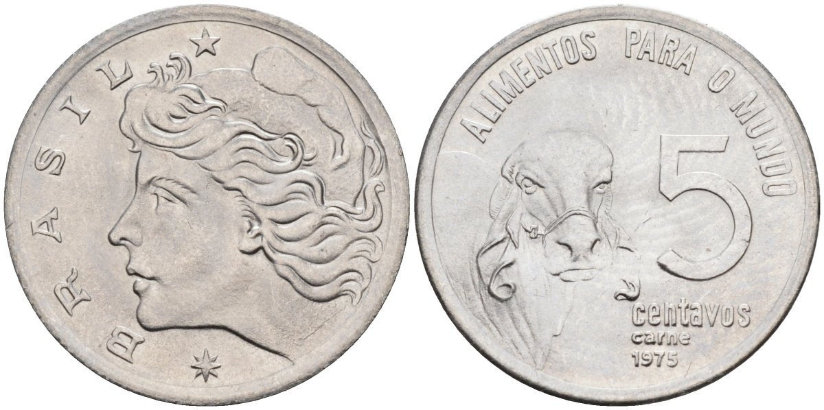 Бразилия 5 сентаво 1975 ФАО, зебу KM 587 нержавеющия сталь UNC 3996-731