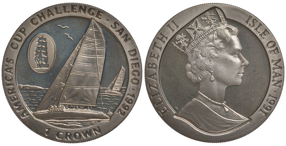 Остров Мэн 1 крона 1991 Американская регата на Кубок Америки в Сан-Диего 1992 года, редкая (без цифр XXVIII перед AMERICA'S CUP, дата 1991) KM 320 медно-никель UNC 00-815-31
