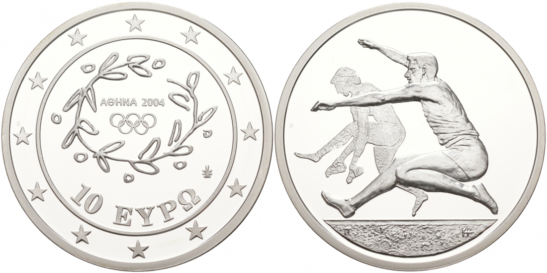 Греция 10 евро 2003 XXVIII летние Олимпийские игры 2004 года в Афинах, прыжки в длину KM 194 серебро PROOF 00-00