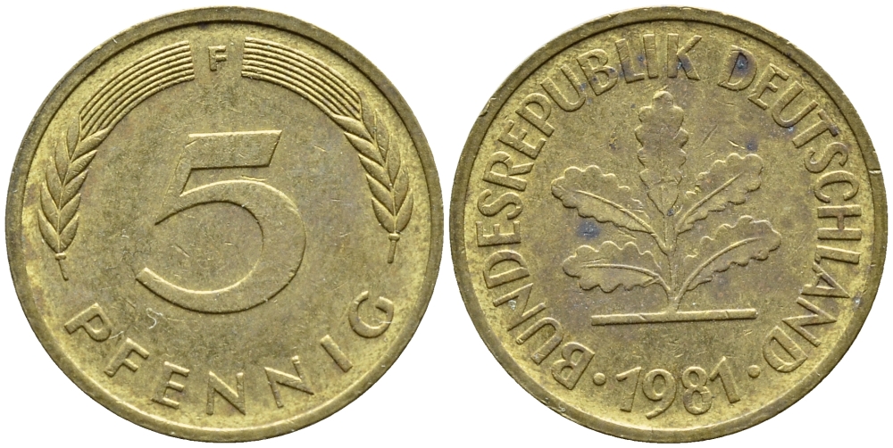 ФРГ 5 ПФЕННИГОВ 1981 F KM 107, J. 382 сталь плакированная латунью 4392-1043